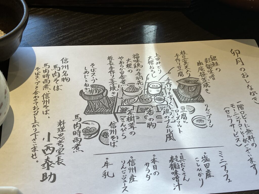 別所温泉、植松屋旅館の朝食お品書き　都会・田舎アキラ美味いもん放浪記